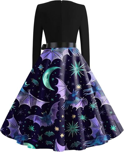 FlekmanArt Black Dresses for Women V Neck A-Line Dress Long Sleeve Halloween Fun Printed Tunic Dress Fall Dressy Dresses in Kuwait