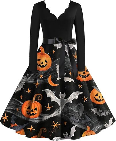 FlekmanArt Black Dresses for Women V Neck A-Line Dress Long Sleeve Halloween Fun Printed Tunic Dress Fall Dressy Dresses in Kuwait