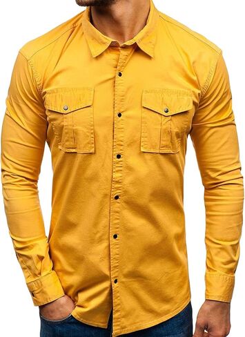 Men Long Sleeve Hiking Shirts Lightweight Tactical Button Down Cargo Shirt Solid Color Slim Fit Shirt with Pockets in Kuwait