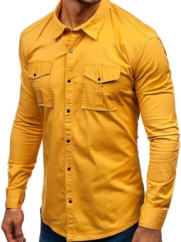 Men Long Sleeve Hiking Shirts Lightweight Tactical Button Down Cargo Shirt Solid Color Slim Fit Shirt with Pockets in Kuwait