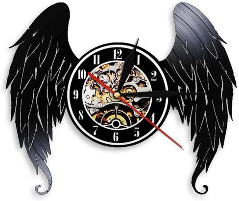 Elegant Angel Wings Home Art Decor Wall Clock Angels Vinyl Record Wall Clock Guardian Angel Baby Room Nursery Silent Wall Watch with LED, Black in Saudi Arabia