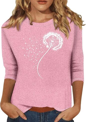 3/4 قمصان ردة للنساء الأزهار المطبوعة شاطئ العطلات قمم طاقم الرقبة 2025 TSHIRTS غير رسمية الصيف المحملات الأساسية in Kuwait