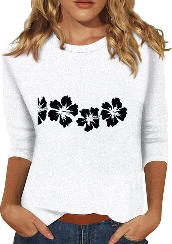 3/4 قمصان ردة للنساء الأزهار المطبوعة شاطئ العطلات قمم طاقم الرقبة 2025 TSHIRTS غير رسمية الصيف المحملات الأساسية in Kuwait