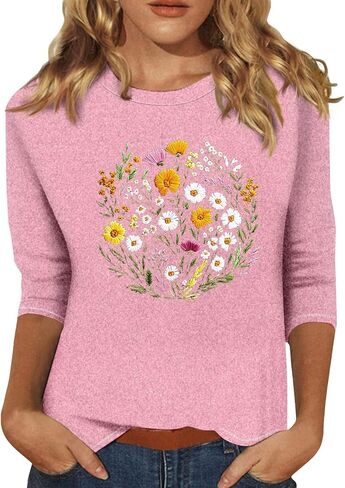 3/4 قمصان ردة للنساء الأزهار المطبوعة شاطئ العطلات قمم طاقم الرقبة 2025 TSHIRTS غير رسمية الصيف المحملات الأساسية in Kuwait