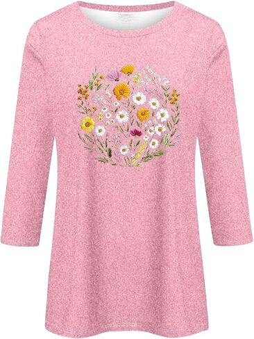 3/4 قمصان ردة للنساء الأزهار المطبوعة شاطئ العطلات قمم طاقم الرقبة 2025 TSHIRTS غير رسمية الصيف المحملات الأساسية in Kuwait