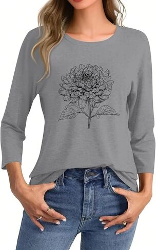 3/4 Sleeve T Shirts for Women Crew Neck Beach Vacation Tops Floral Printed Trendy Outfits Dressy 2025 Blouses in Saudi Arabia