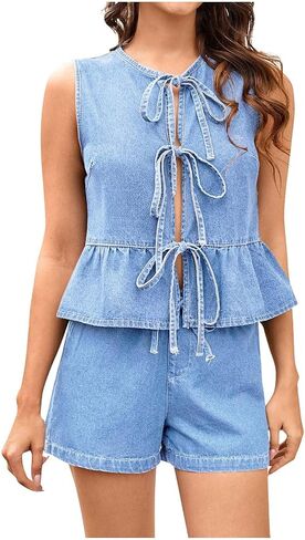 Women's 2 Piece Denim Set Sleeveless Lace Up Tank Top Elastic Waist Shorts Matching 2025 Summer Casual Trendy Outfits in Saudi Arabia
