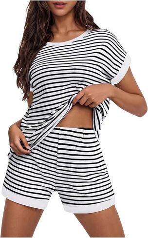 Womens 2 Piece Striped Knit Sets Summer Short Sleeve T Shirts Elastic High Waisted Shorts Trendy Casual Lounge Outfits in Saudi Arabia