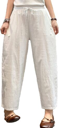 Maiyifu-GJ Women Linen Drawstring Cropped Pants Summer Soft Casual Elastic Waist Trousers Wide Leg Cropped Pant with Pockets in Saudi Arabia