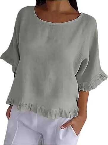 Round Neck Ruffled Hem Mid Sleeve and Linen Top Casual Ruffle Solid Short Sleeve Blouse Tops for Long Women T in Saudi Arabia