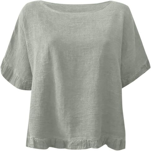 Round Neck Ruffled Hem Mid Sleeve and Linen Top Casual Ruffle Solid Short Sleeve Blouse Tops for Long Women T in Saudi Arabia