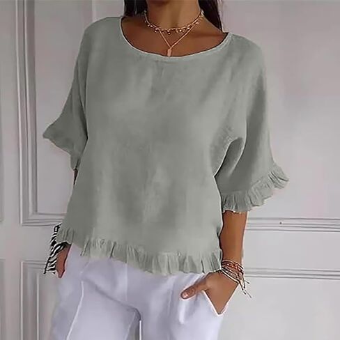Round Neck Ruffled Hem Mid Sleeve and Linen Top Casual Ruffle Solid Short Sleeve Blouse Tops for Long Women T in Saudi Arabia