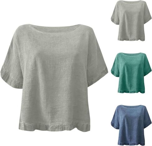 Round Neck Ruffled Hem Mid Sleeve and Linen Top Casual Ruffle Solid Short Sleeve Blouse Tops for Long Women T in Saudi Arabia