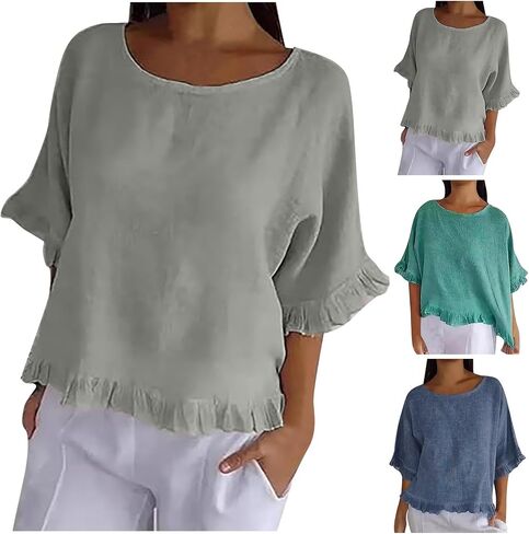 Round Neck Ruffled Hem Mid Sleeve and Linen Top Casual Ruffle Solid Short Sleeve Blouse Tops for Long Women T in Saudi Arabia
