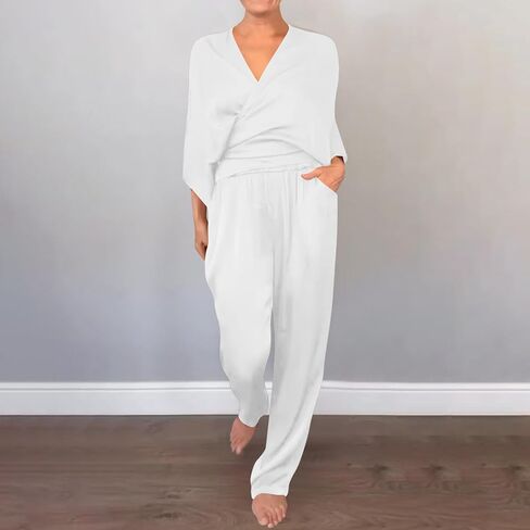 Women's Satin 2 Piece Sets Long Sleeve V Neck Lace Up Shirt Tops Straight Leg Pants Summer Loose Trendy Lounge Outfits in Saudi Arabia