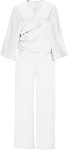 Women's Satin 2 Piece Sets Long Sleeve V Neck Lace Up Shirt Tops Straight Leg Pants Summer Loose Trendy Lounge Outfits in Saudi Arabia