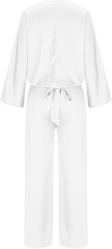 Women's Satin 2 Piece Sets Long Sleeve V Neck Lace Up Shirt Tops Straight Leg Pants Summer Loose Trendy Lounge Outfits in Saudi Arabia