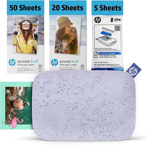 HP Sprocket 2x3 Instant Smartphone Photo Printer 75 Sheets Bundle - Bluetooth Portable Color Wireless Mobile Printer (Purple) Zink Sticky-Back Photos in Saudi Arabia