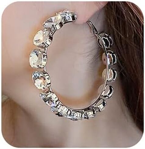 Jumwrit حجر الراين أقراط كبيرة هوب أقراط دائرة هندسية ملونة مكتنزة Huggie هوب أقراط بيان أقراط متدلية للنساء والفتيات (فضية) in Saudi Arabia