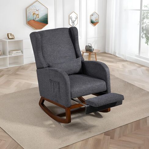 Modern Rocking Chair Nursery Glider, Comfy Rocker Nursery Chair with Foot Rest, Accent Reading Armchair with Pillow and Pocket, Upholstered Lounge Rocker with Solid Wood Base for Relaxing (Ivory) in Kuwait