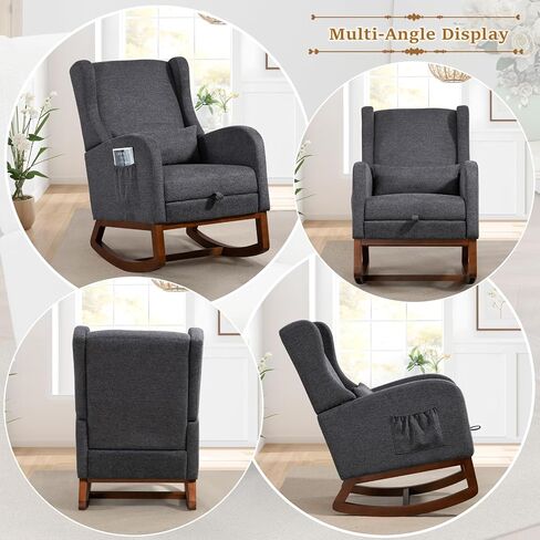 Modern Rocking Chair Nursery Glider, Comfy Rocker Nursery Chair with Foot Rest, Accent Reading Armchair with Pillow and Pocket, Upholstered Lounge Rocker with Solid Wood Base for Relaxing (Ivory) in Kuwait