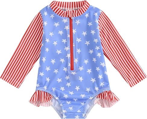 Toddler Baby Girl 4th of July Swimsuit Star Striped Rash Guard Bathing Suit Long Sleeve One Piece Swimwear in Saudi Arabia