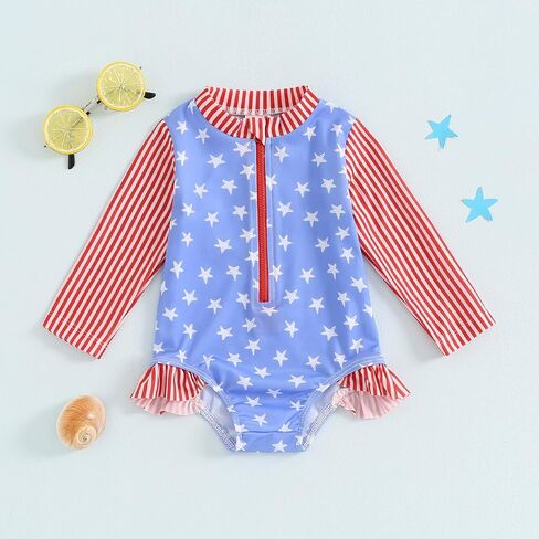 Toddler Baby Girl 4th of July Swimsuit Star Striped Rash Guard Bathing Suit Long Sleeve One Piece Swimwear in Saudi Arabia