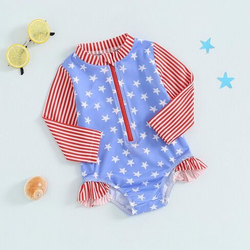 Toddler Baby Girl 4th of July Swimsuit Star Striped Rash Guard Bathing Suit Long Sleeve One Piece Swimwear in Saudi Arabia