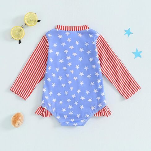 Toddler Baby Girl 4th of July Swimsuit Star Striped Rash Guard Bathing Suit Long Sleeve One Piece Swimwear in Saudi Arabia