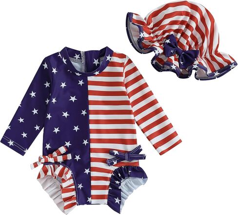 Toddler Girl 4Th of July One Piece Swimsuit Rash Guard Beachwear Ruffle Baby Swimwear Sun Protection Bathing Suit in Saudi Arabia