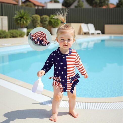 Toddler Girl 4Th of July One Piece Swimsuit Rash Guard Beachwear Ruffle Baby Swimwear Sun Protection Bathing Suit in Saudi Arabia