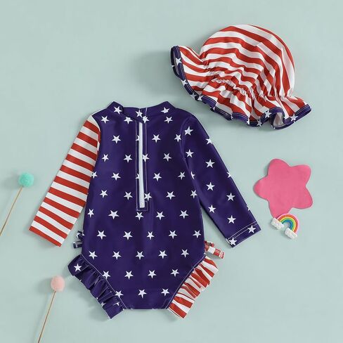 Toddler Girl 4Th of July One Piece Swimsuit Rash Guard Beachwear Ruffle Baby Swimwear Sun Protection Bathing Suit in Saudi Arabia