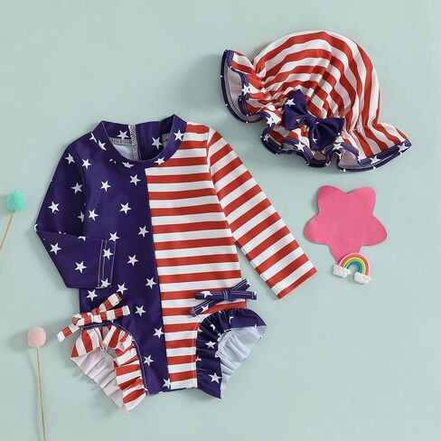 Toddler Girl 4Th of July One Piece Swimsuit Rash Guard Beachwear Ruffle Baby Swimwear Sun Protection Bathing Suit in Saudi Arabia