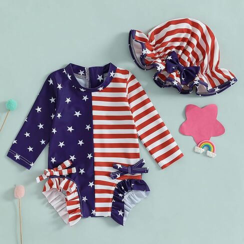 Toddler Girl 4Th of July One Piece Swimsuit Rash Guard Beachwear Ruffle Baby Swimwear Sun Protection Bathing Suit in Saudi Arabia