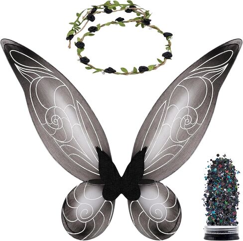 فانكريديبل مجموعة اكسسوارات ازياء الجنية | اجنحة الجنية وتاج الجنية مع جليتر | اجنحة الجنية الاسنان السوداء in Kuwait