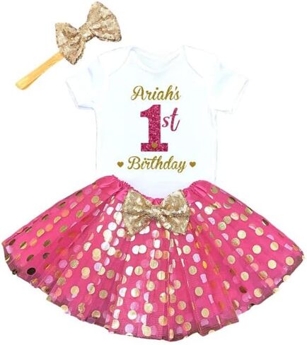 Personalized 1st Birthday Girl Outfit | Glittering Gold and Pink Tutu Dress with Elastic Closure Headband in Saudi Arabia