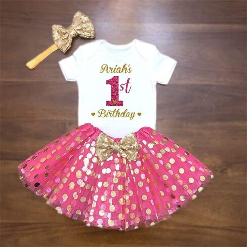 Personalized 1st Birthday Girl Outfit | Glittering Gold and Pink Tutu Dress with Elastic Closure Headband in Saudi Arabia