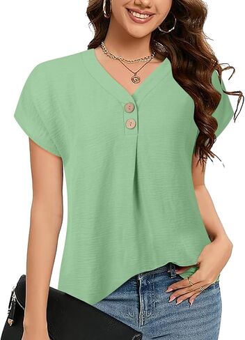 Womens Tops Summer Dressy Casual Shirts Short Sleeve V Neck Blouses Business Work Tshirts Long Sleeve Dress Shirt in Saudi Arabia