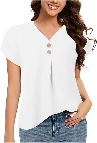 Womens Tops Summer Dressy Casual Shirts Short Sleeve V Neck Blouses Business Work Tshirts Long Sleeve Dress Shirt in Saudi Arabia