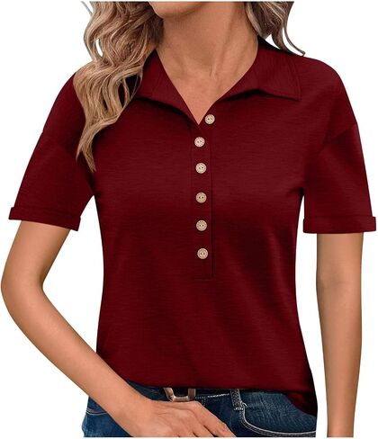 Womens Summer Tops Collared Button V Neck Short Sleeve Shirts Business Work Casual Loose Fit Tshirts Fashion Outfits in Saudi Arabia