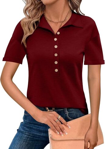 Womens Summer Tops Collared Button V Neck Short Sleeve Shirts Business Work Casual Loose Fit Tshirts Fashion Outfits in Saudi Arabia