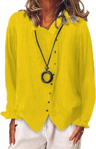 Womens Baggy Breathable Cotton Linen Blouses Long Sleeve Button Lightweight Shirt Tops Solid Color Casual Shirts in Saudi Arabia