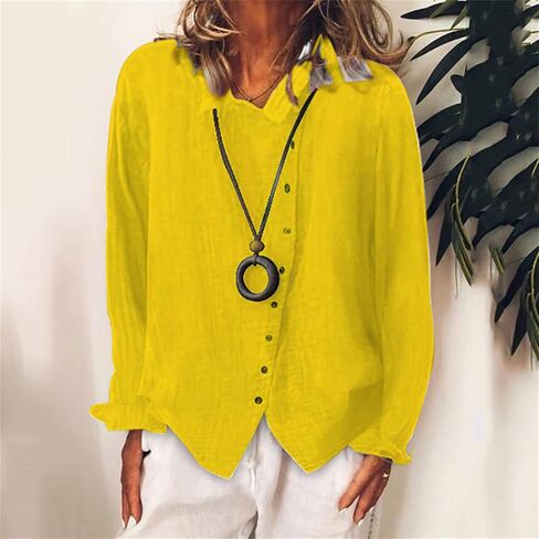 Womens Baggy Breathable Cotton Linen Blouses Long Sleeve Button Lightweight Shirt Tops Solid Color Casual Shirts in Saudi Arabia