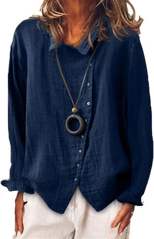 Womens Baggy Breathable Cotton Linen Blouses Long Sleeve Button Lightweight Shirt Tops Solid Color Casual Shirts in Saudi Arabia