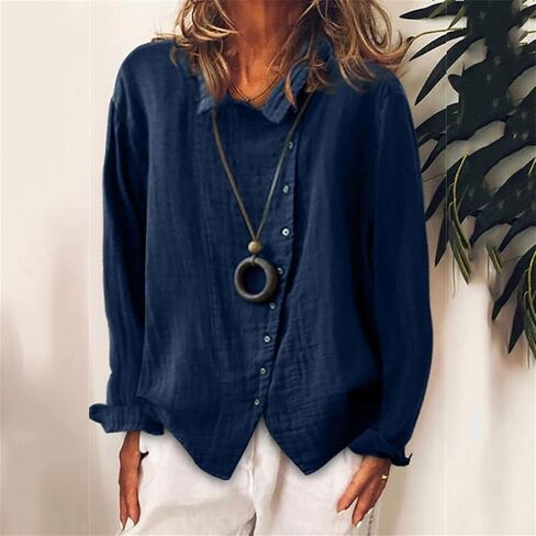 Womens Baggy Breathable Cotton Linen Blouses Long Sleeve Button Lightweight Shirt Tops Solid Color Casual Shirts in Saudi Arabia