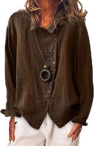 Womens Baggy Breathable Cotton Linen Blouses Long Sleeve Button Lightweight Shirt Tops Solid Color Casual Shirts in Saudi Arabia