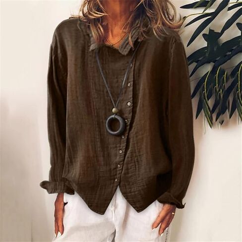 Womens Baggy Breathable Cotton Linen Blouses Long Sleeve Button Lightweight Shirt Tops Solid Color Casual Shirts in Saudi Arabia