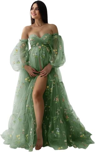 LORIE Flower Embroidery Maternity Dress for Photoshoot Long Puffy Sleeve Sweetheart Pregnancy Baby Shower Dress with Slit in Saudi Arabia