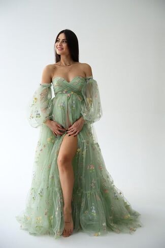 LORIE Flower Embroidery Maternity Dress for Photoshoot Long Puffy Sleeve Sweetheart Pregnancy Baby Shower Dress with Slit in Saudi Arabia