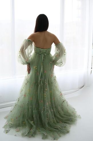 LORIE Flower Embroidery Maternity Dress for Photoshoot Long Puffy Sleeve Sweetheart Pregnancy Baby Shower Dress with Slit in Saudi Arabia